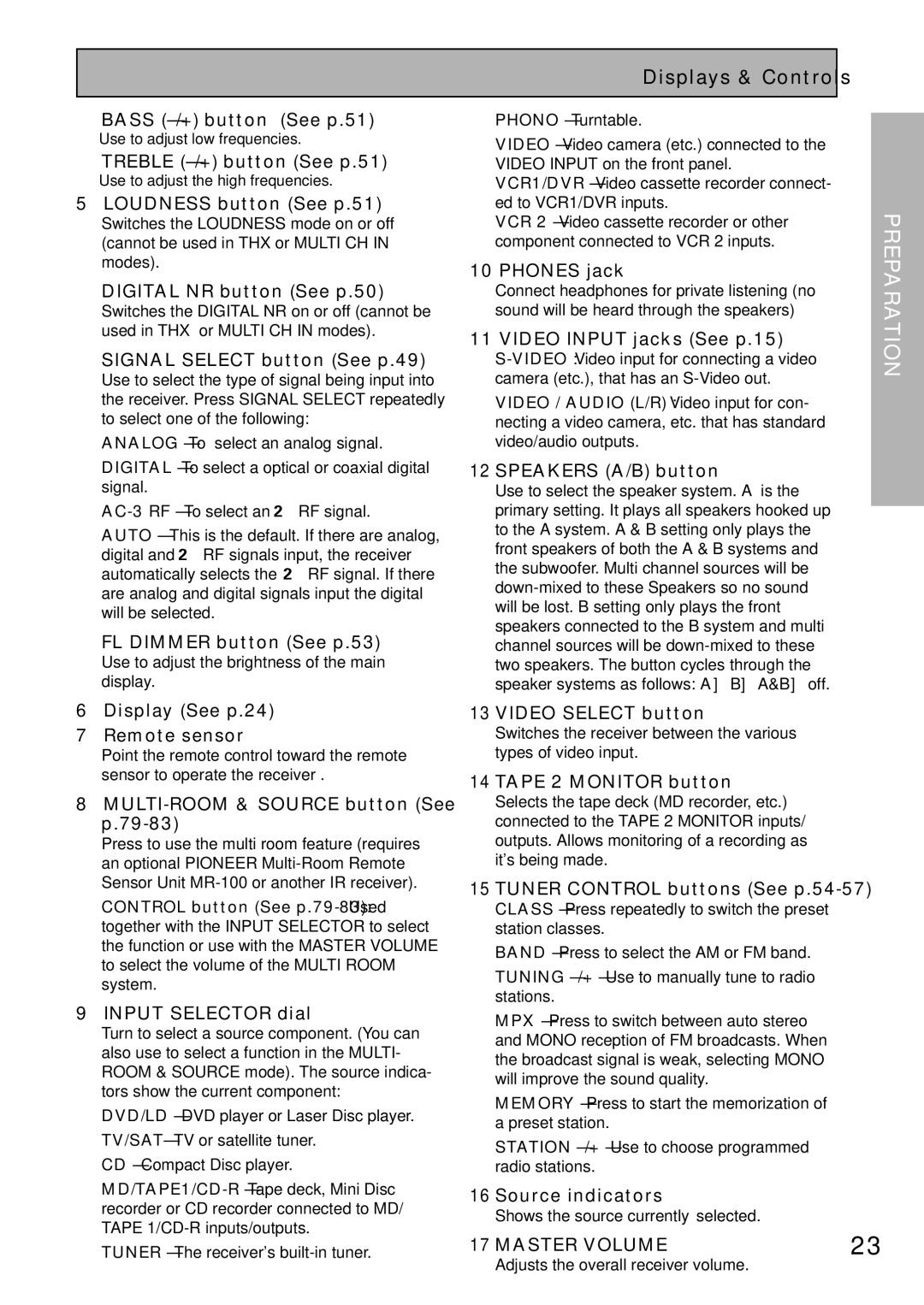 Pioneer VSX-39TX Bass -/+ button See p.51, Treble -/+ button See p.51, Loudness button See p.51, FL Dimmer button See p.53 