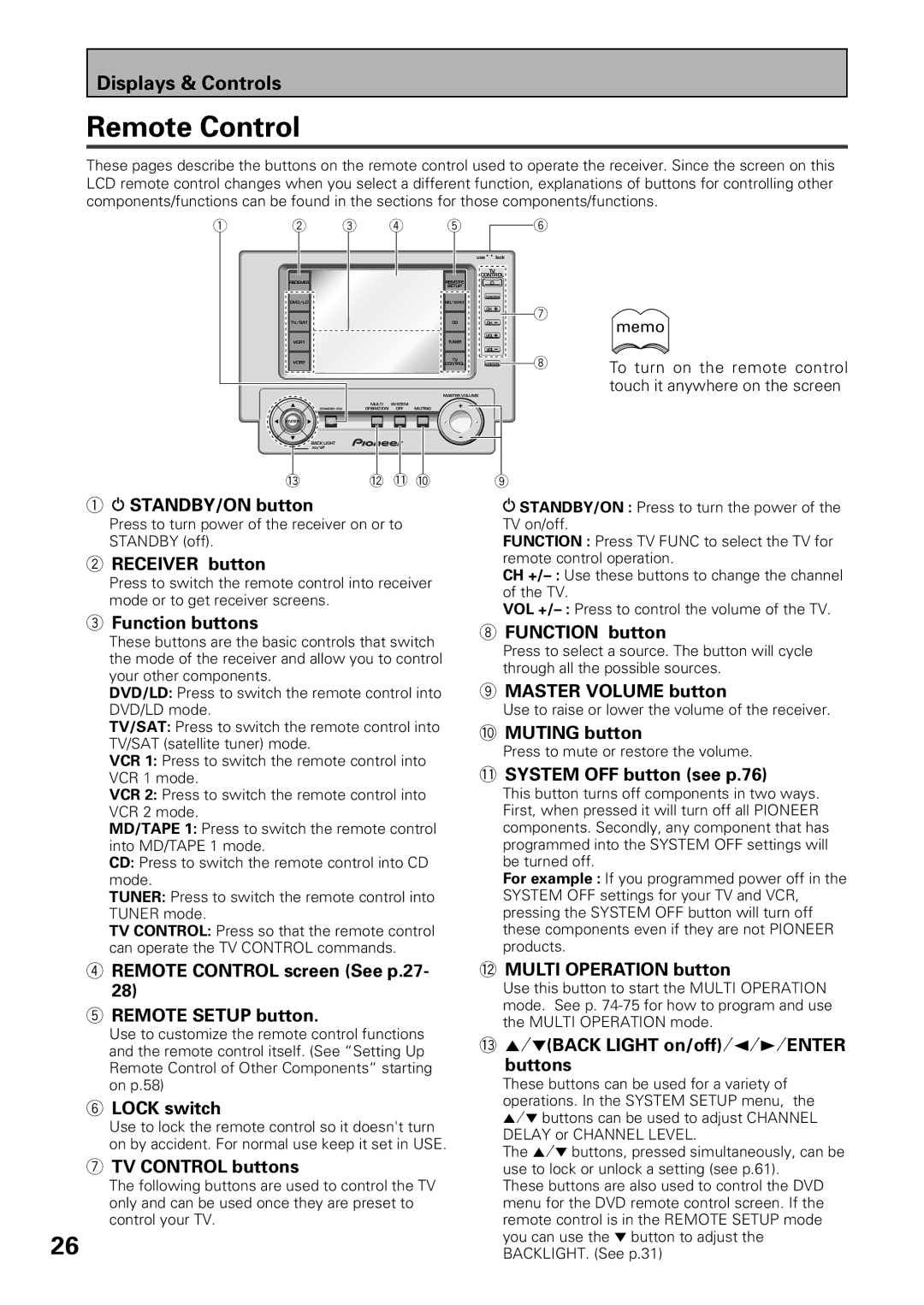 Pioneer VSX-39TX manual Remote Control 