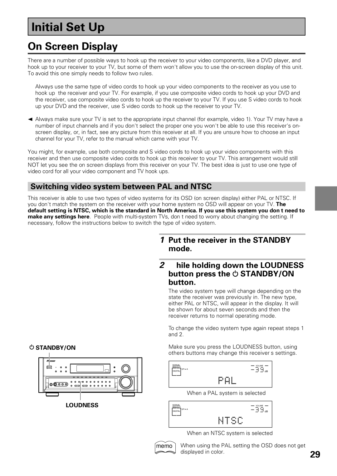 Pioneer VSX-39TX manual Initial Set Up, On Screen Display, Switching video system between PAL and Ntsc 