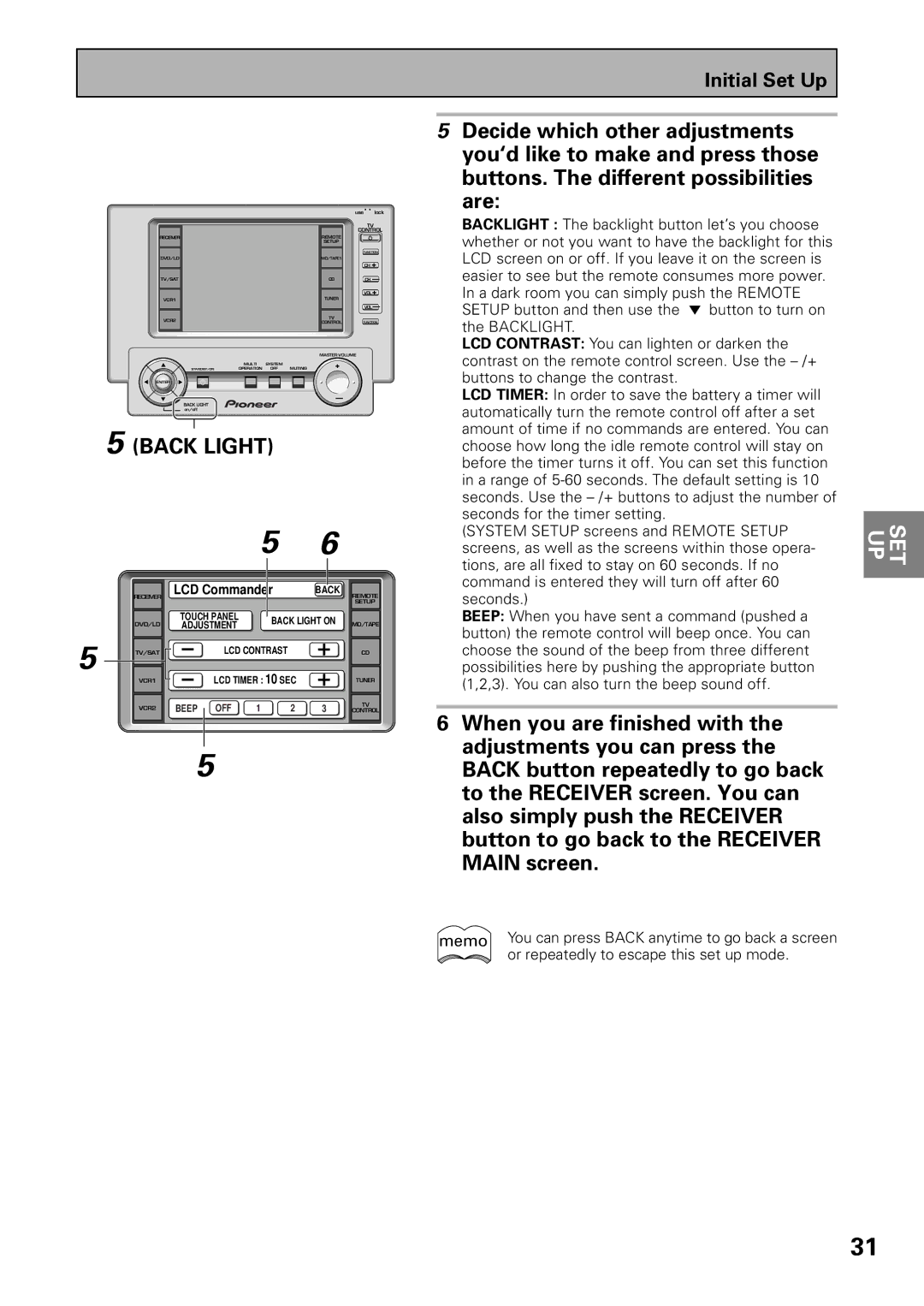 Pioneer VSX-39TX manual Back Light, Set Up 