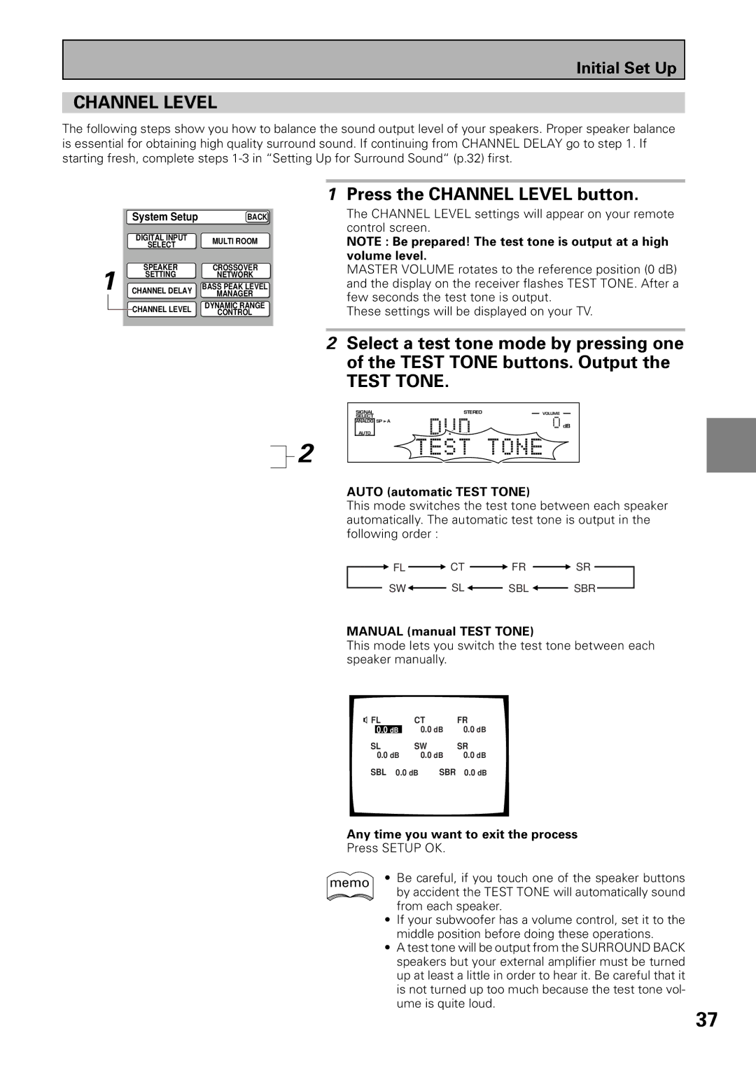 Pioneer VSX-39TX manual Press the Channel Level button, Test Tone 