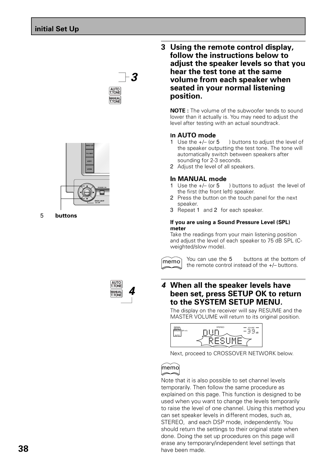 Pioneer VSX-39TX manual Auto mode, Manual mode, If you are using a Sound Pressure Level SPL meter 