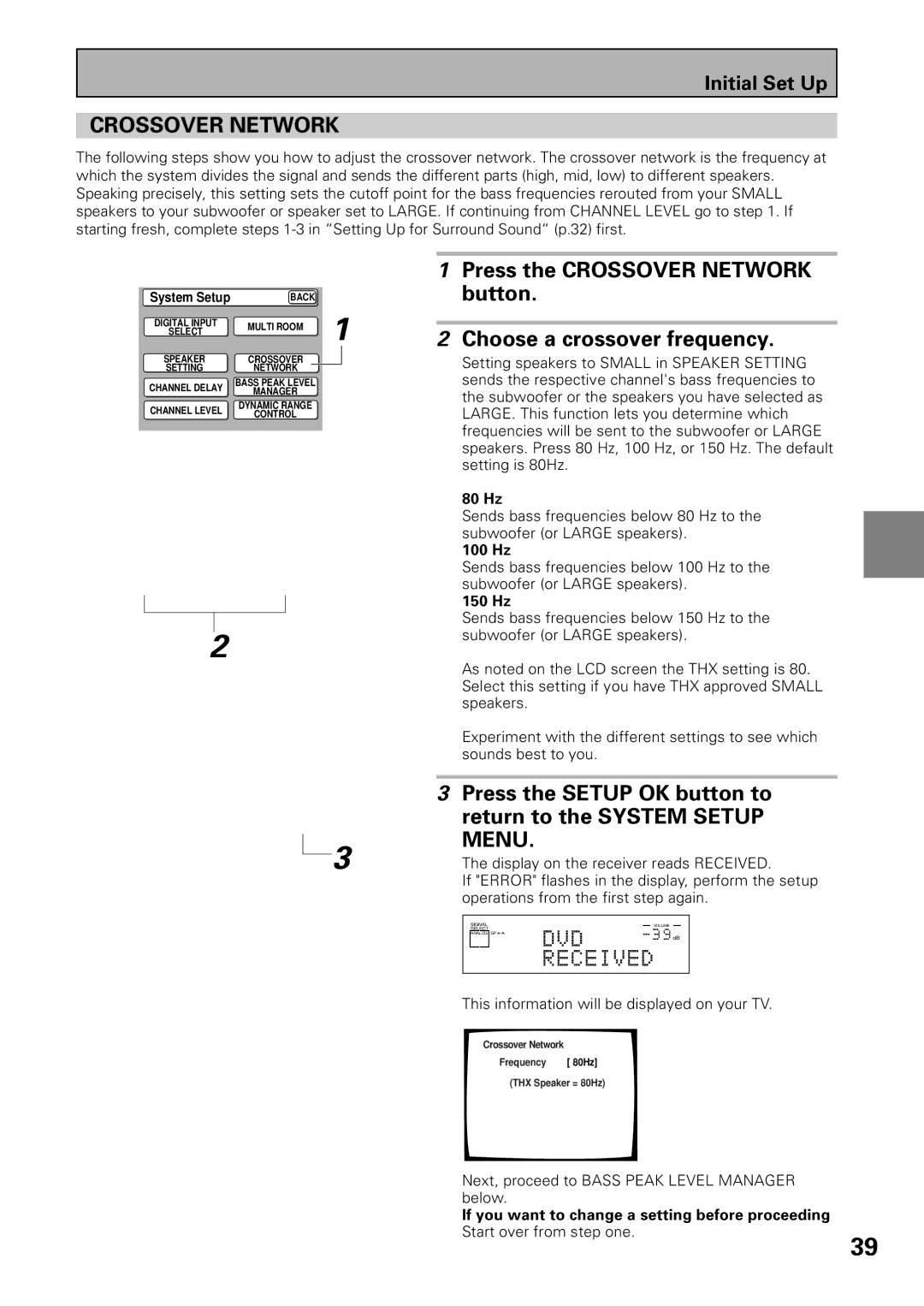 Pioneer VSX-39TX manual Crossover Network, 80 Hz, 100 Hz, 150 Hz 