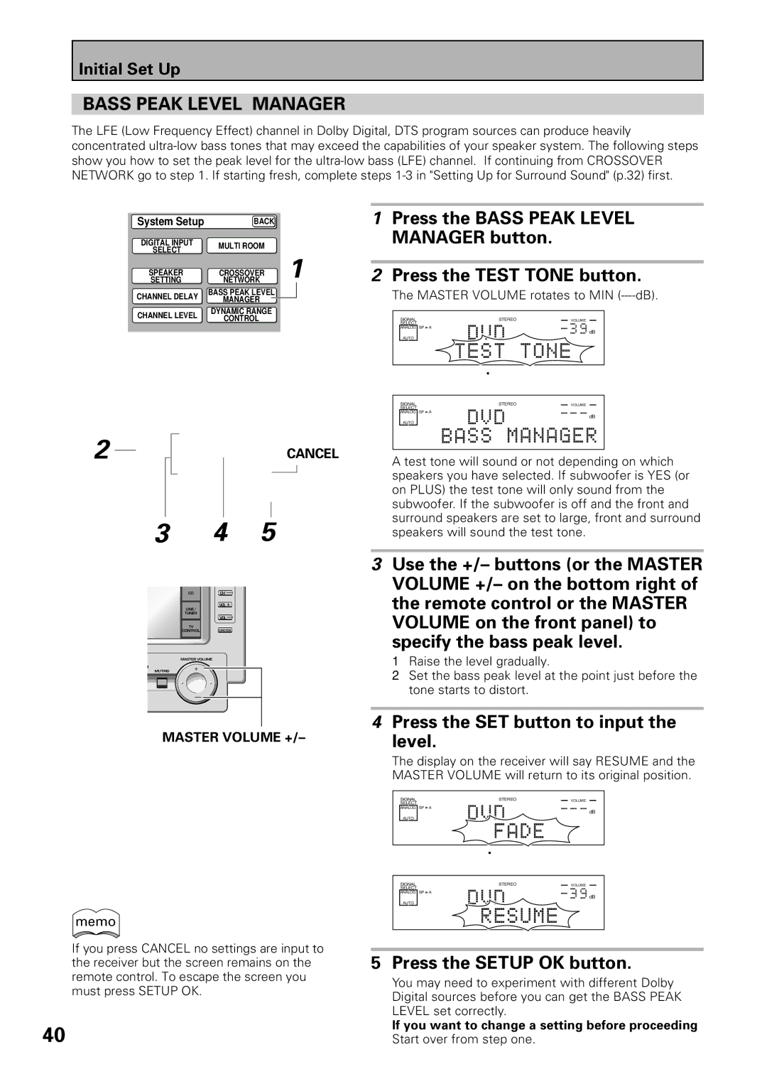 Pioneer VSX-39TX manual Bass Peak Level Manager, Press the SET button to input 