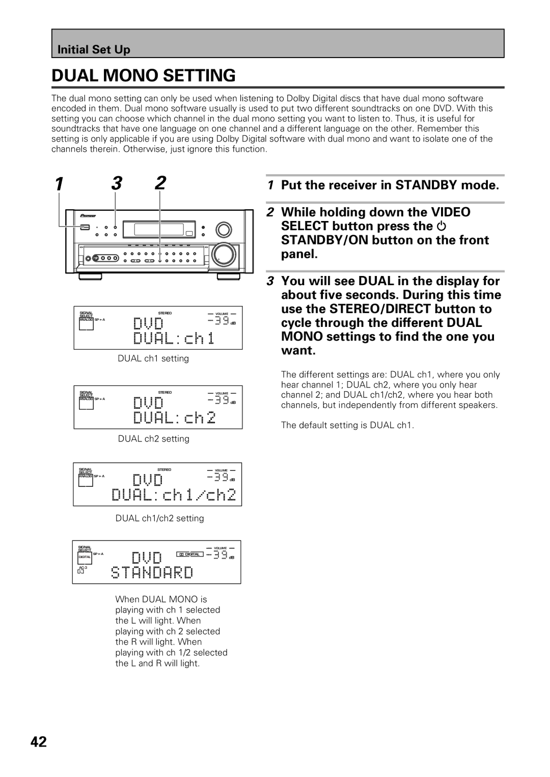 Pioneer VSX-39TX manual Dual Mono Setting 