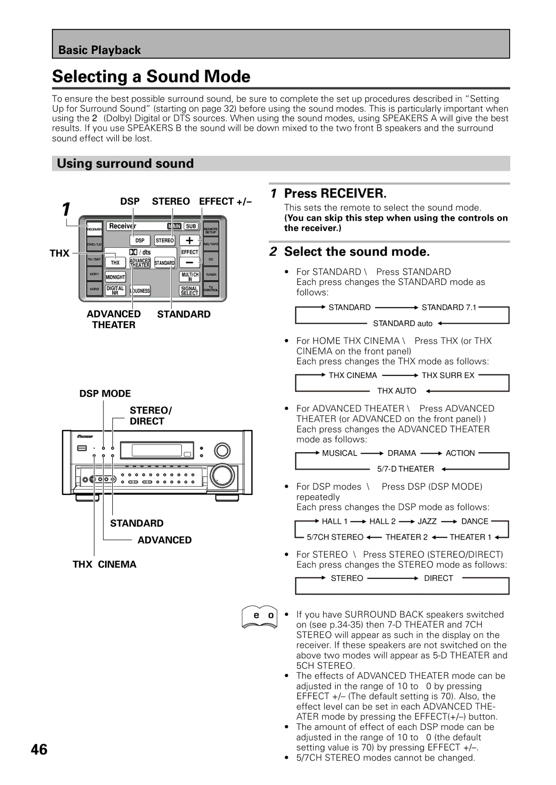 Pioneer VSX-39TX manual Selecting a Sound Mode, Using surround sound, Press Receiver, Select the sound mode 