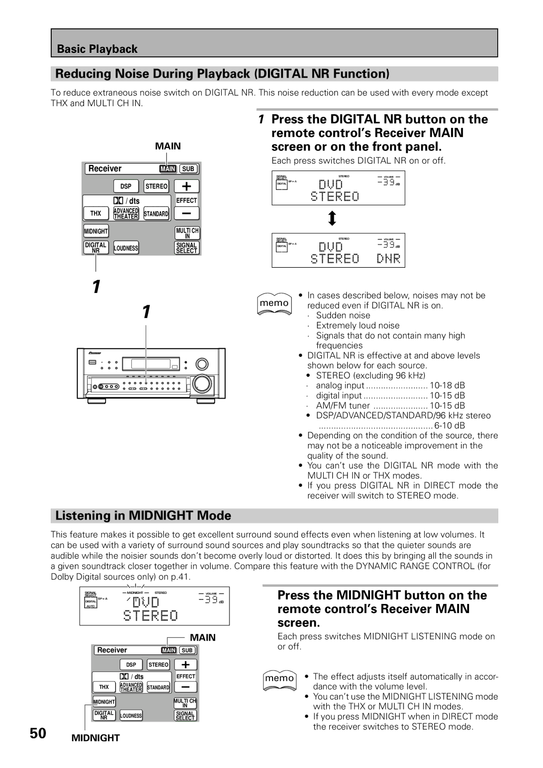 Pioneer VSX-39TX manual Reducing Noise During Playback Digital NR Function, Listening in Midnight Mode 