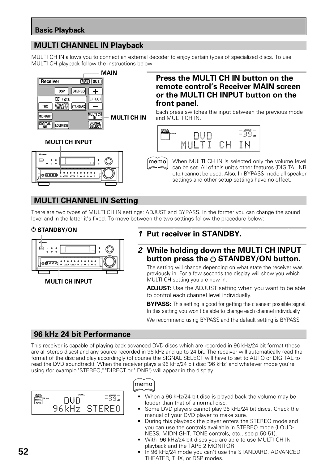 Pioneer VSX-39TX manual Multi Channel in Playback, Multi Channel in Setting, KHz 24 bit Performance 