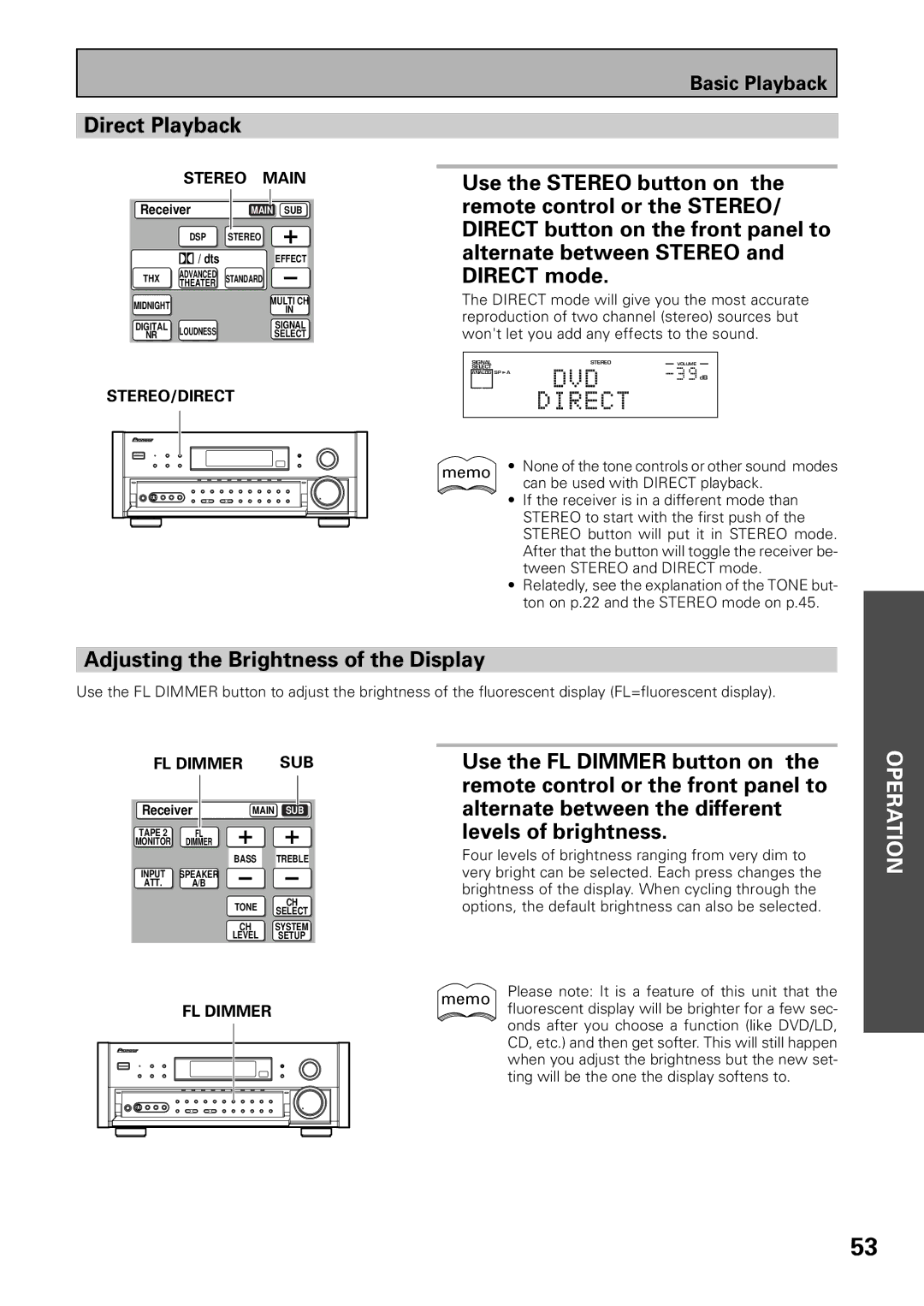 Pioneer VSX-39TX manual Direct Playback, Adjusting the Brightness of the Display 