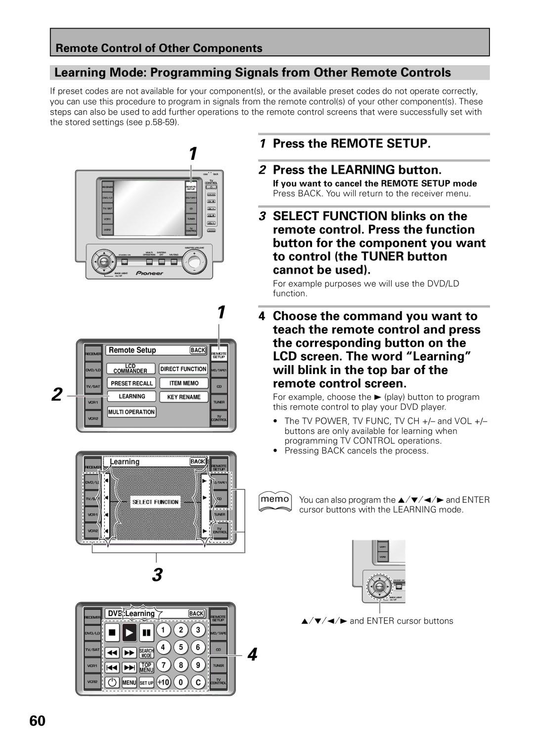 Pioneer VSX-39TX manual Press the Learning button, Cannot be used, If you want to cancel the Remote Setup mode 