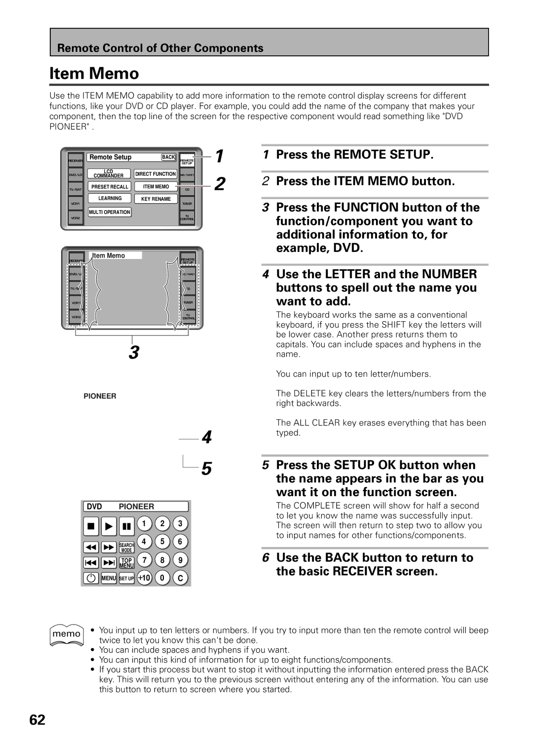 Pioneer VSX-39TX manual Item Memo, Use the Back button to return to the basic Receiver screen 