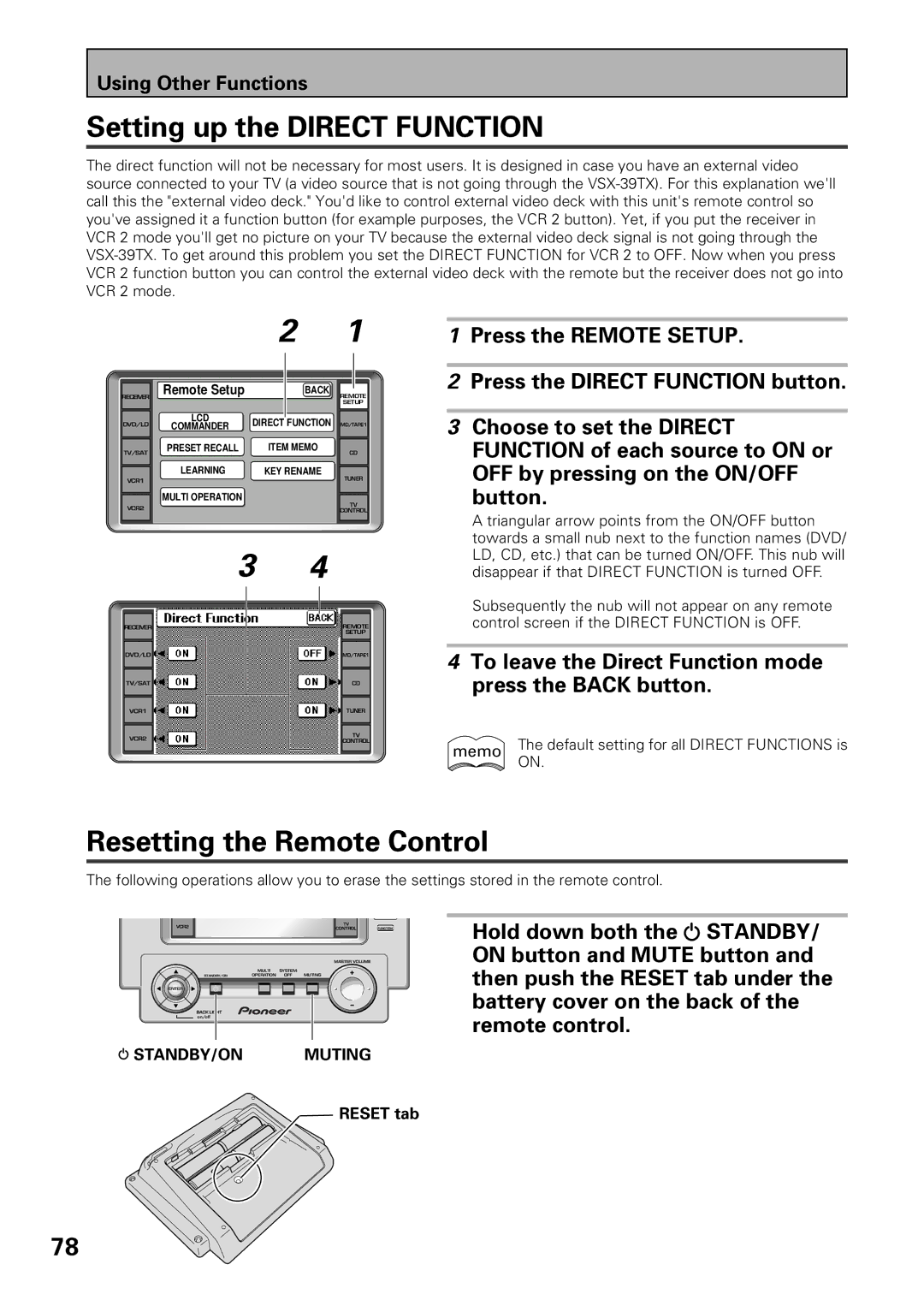 Pioneer VSX-39TX manual Setting up the Direct Function, Resetting the Remote Control 