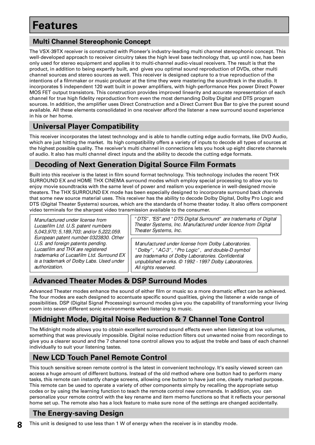 Pioneer VSX-39TX manual Features 