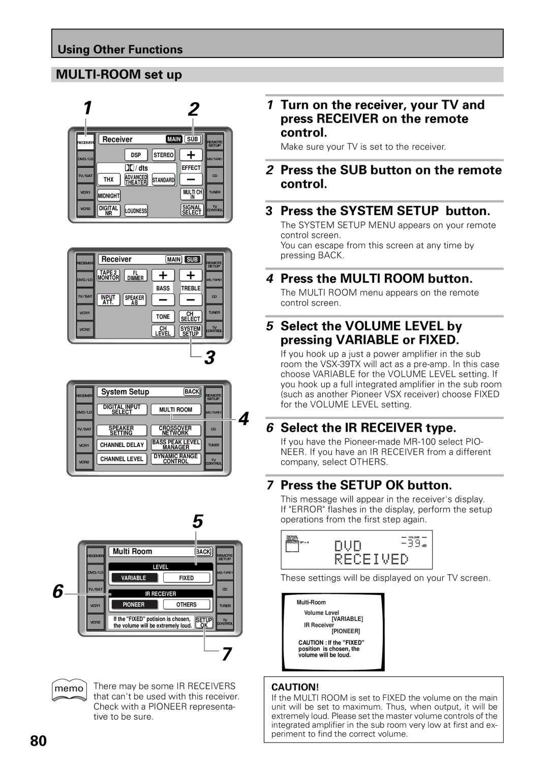 Pioneer VSX-39TX MULTI-ROOM set up, Press the Multi Room button, Select the Volume Level by Pressing Variable or Fixed 