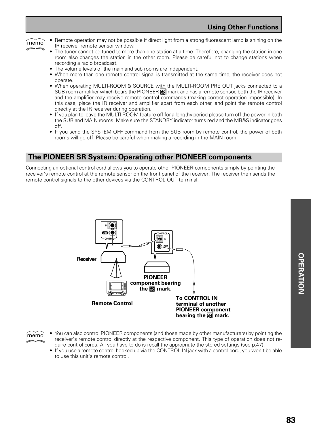 Pioneer VSX-39TX manual Pioneer SR System Operating other Pioneer components 