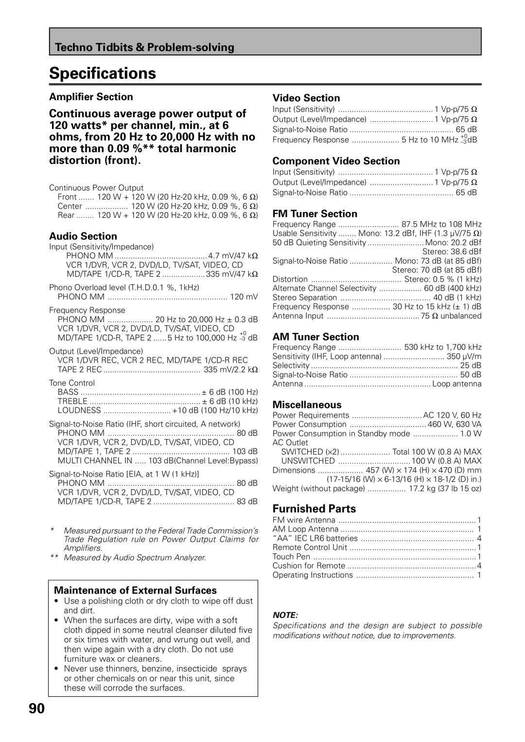 Pioneer VSX-39TX manual Specifications 