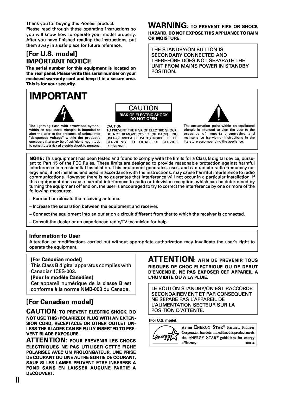 Pioneer VSX-39TX manual For U.S. model IMPORTANT NOTICE, For Canadian model, Information to User, Pour le modèle Canadien 