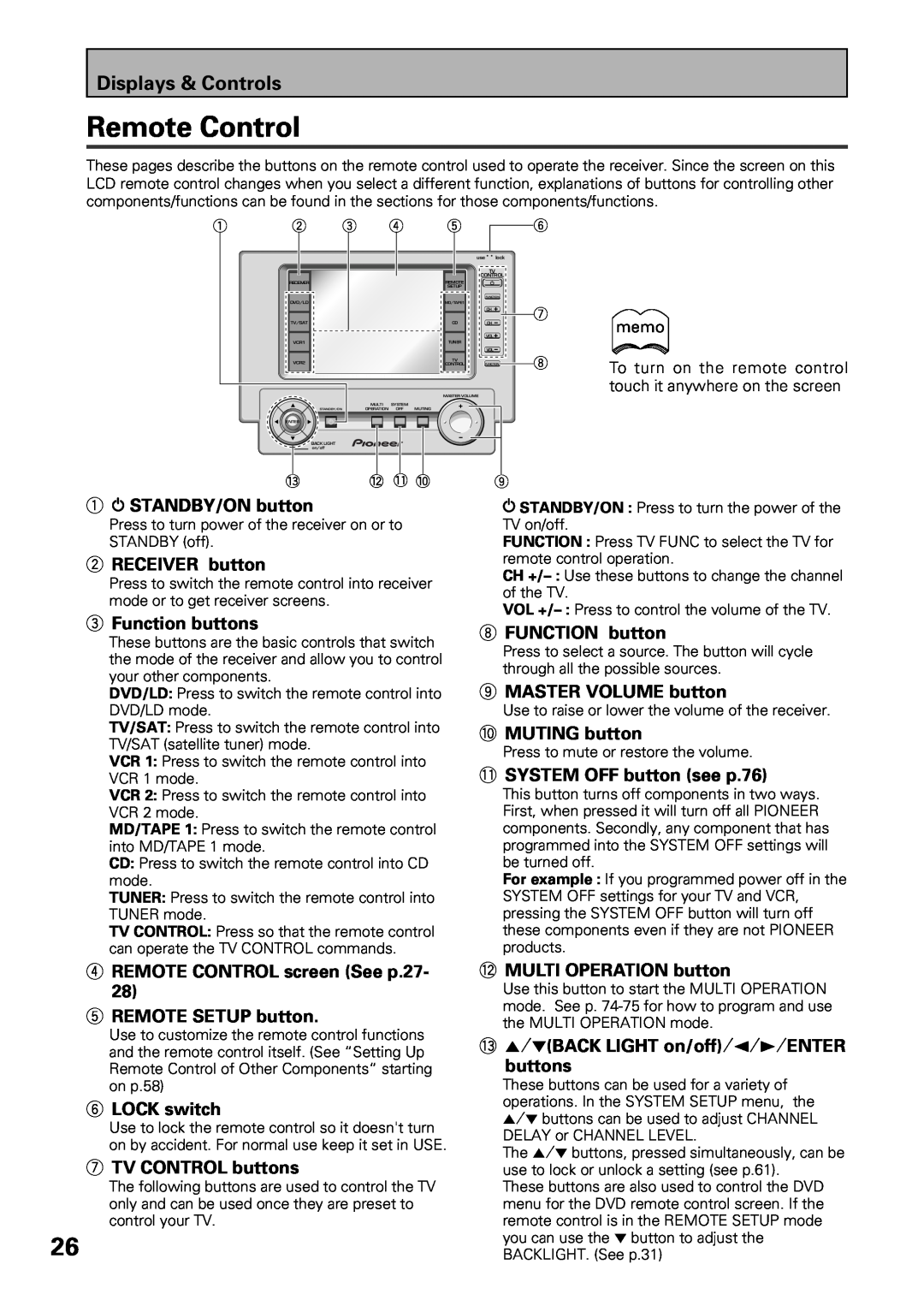 Pioneer VSX-39TX manual Remote Control, Displays & Controls 