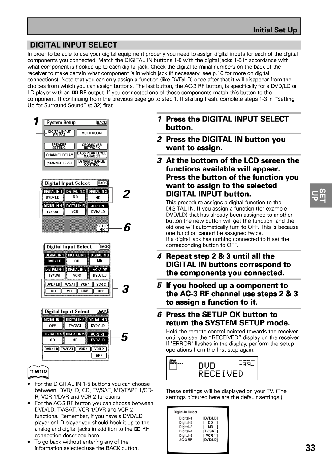 Pioneer VSX-39TX manual Digital Input Select, 1Press the DIGITAL INPUT SELECT button, DIGITAL INPUT button, Set Up 