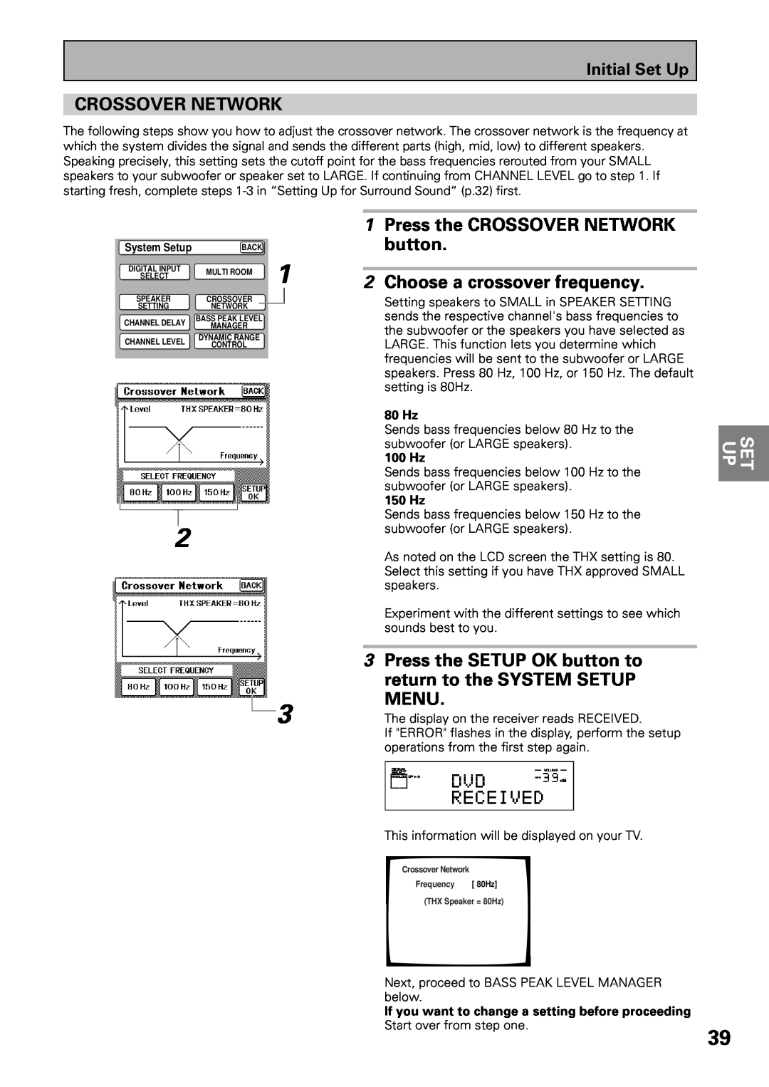 Pioneer VSX-39TX manual Crossover Network, 1Press the CROSSOVER NETWORK button, 2Choose a crossover frequency, Menu, Set Up 