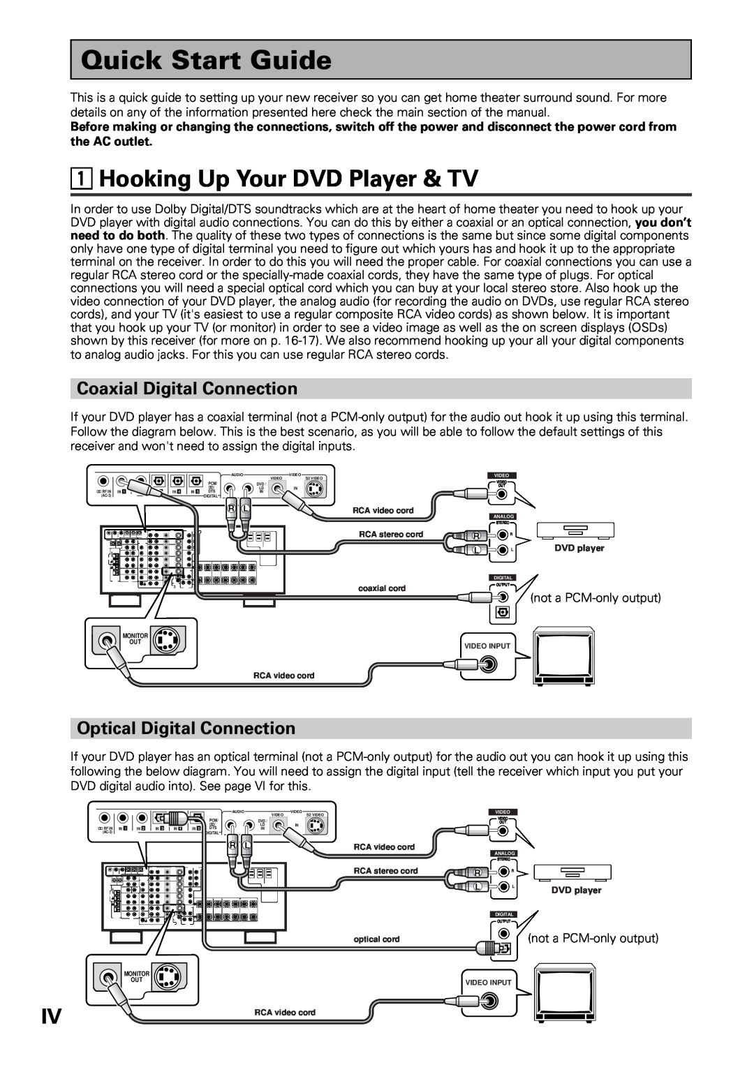 Pioneer VSX-39TX manual Quick Start Guide, 1Hooking Up Your DVD Player & TV, Coaxial Digital Connection 