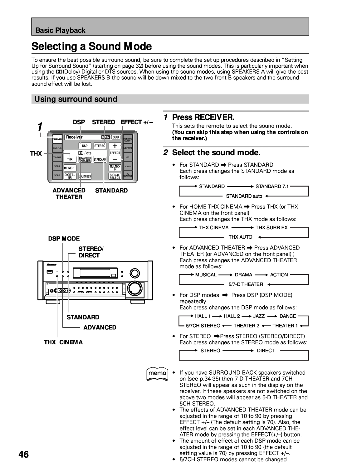 Pioneer VSX-39TX manual Selecting a Sound Mode, Using surround sound, Press RECEIVER, Select the sound mode, Basic Playback 