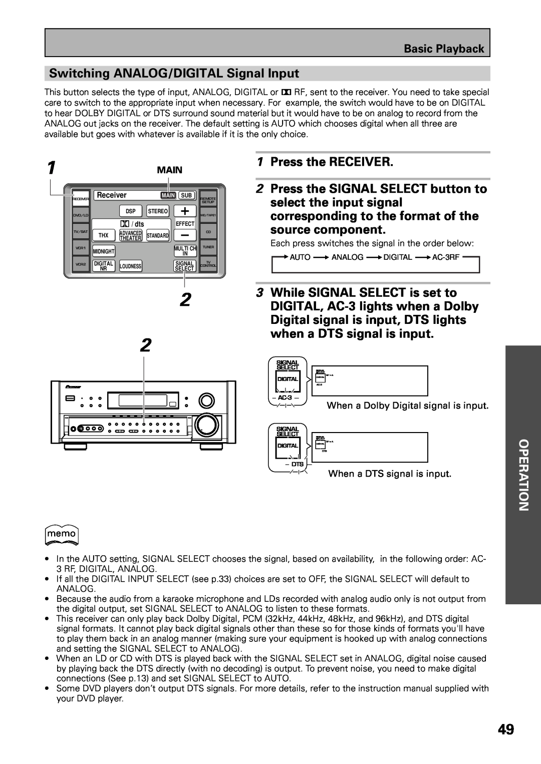 Pioneer VSX-39TX Switching ANALOG/DIGITAL Signal Input, 1Press the RECEIVER, source component, Operation, Basic Playback 
