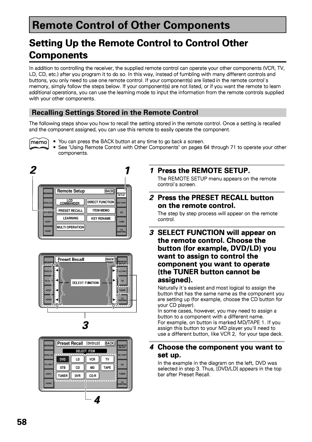 Pioneer VSX-39TX manual Remote Control of Other Components, Recalling Settings Stored in the Remote Control, assigned 