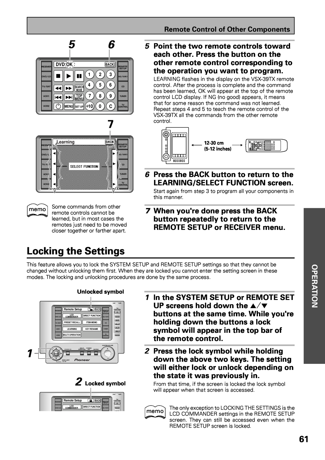 Pioneer VSX-39TX manual Locking the Settings, Point the two remote controls toward, each other. Press the button on the 