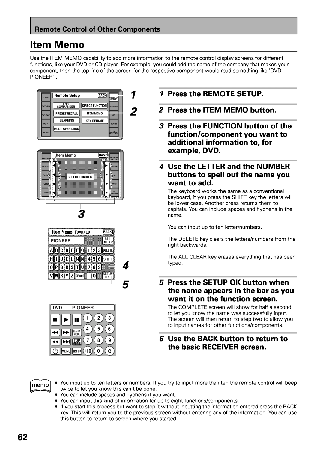 Pioneer VSX-39TX manual Item Memo, 2Press the ITEM MEMO button, want to add, 1Press the REMOTE SETUP 