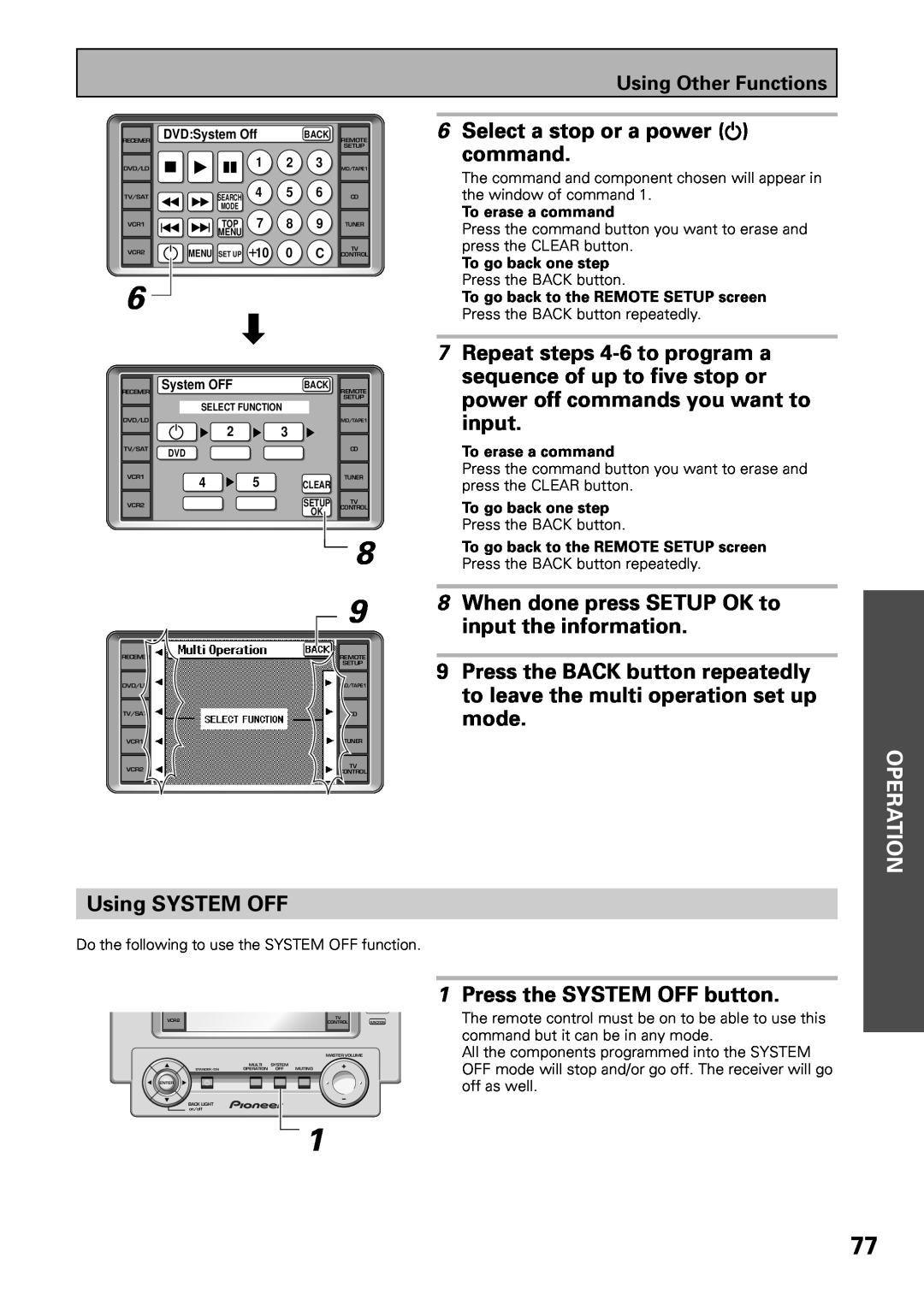 Pioneer VSX-39TX 6Select a stop or a power command, When done press SETUP OK to, input the information, Using SYSTEM OFF 