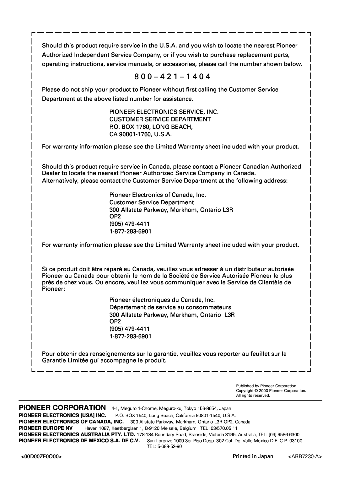 Pioneer VSX-39TX manual 8 0 0 – 4 2 1 – 1 4 0 