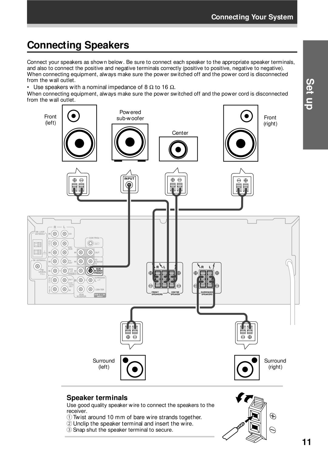 Pioneer VSX-409RDS operating instructions Connecting Speakers, Speaker terminals 