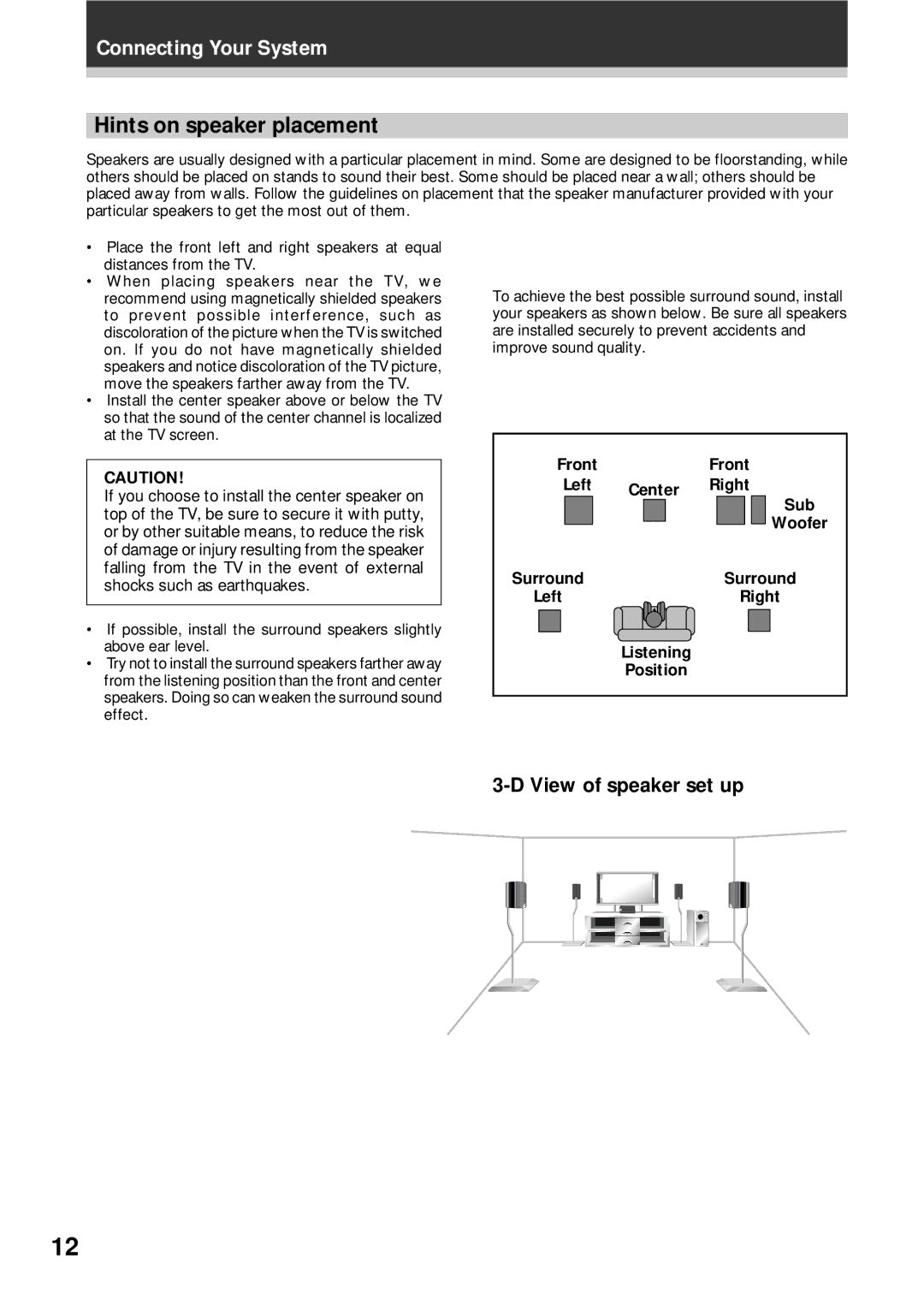 Pioneer VSX-409RDS operating instructions Hints on speaker placement, View of speaker set up 