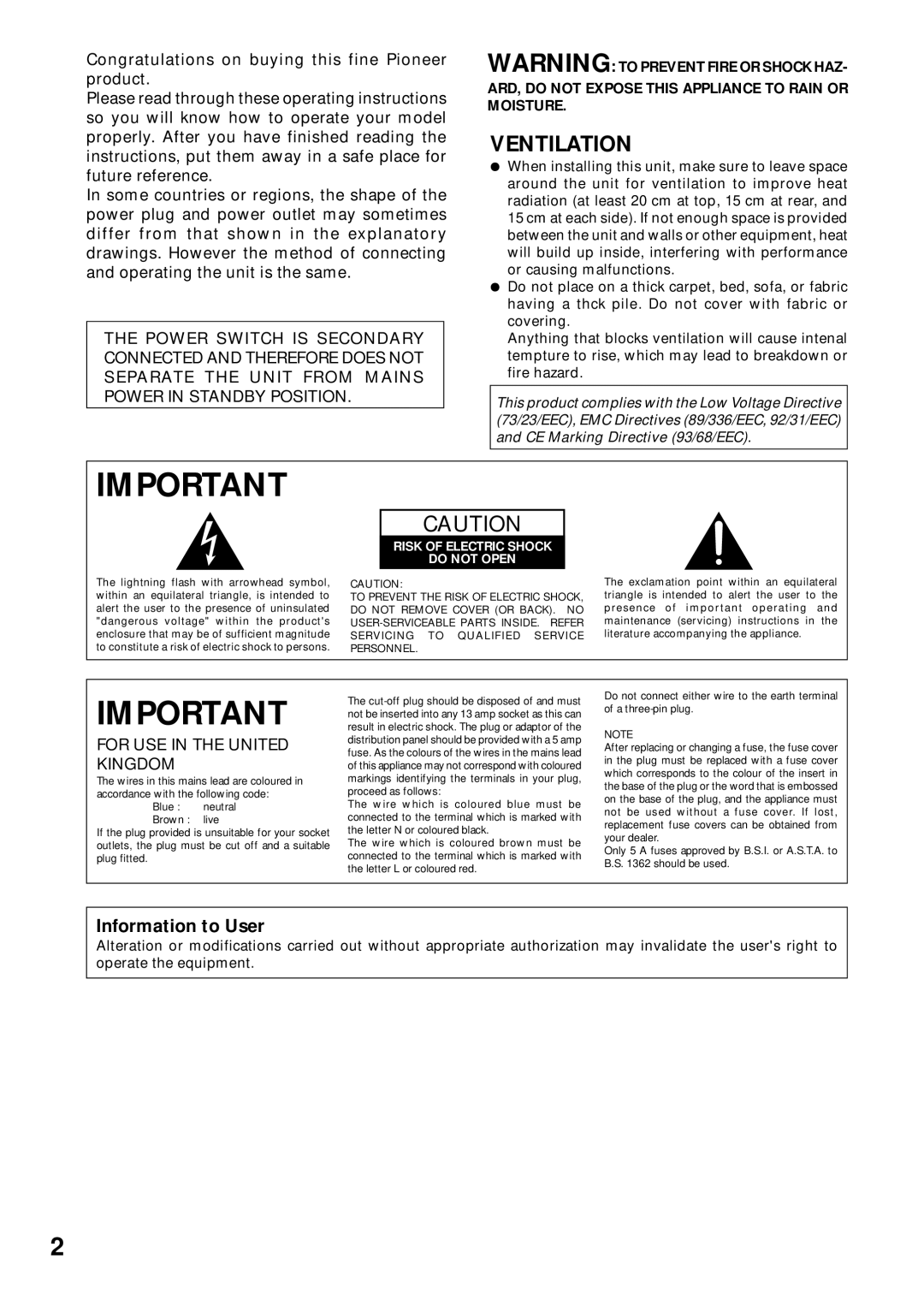 Pioneer VSX-409RDS operating instructions Ventilation, Information to User 