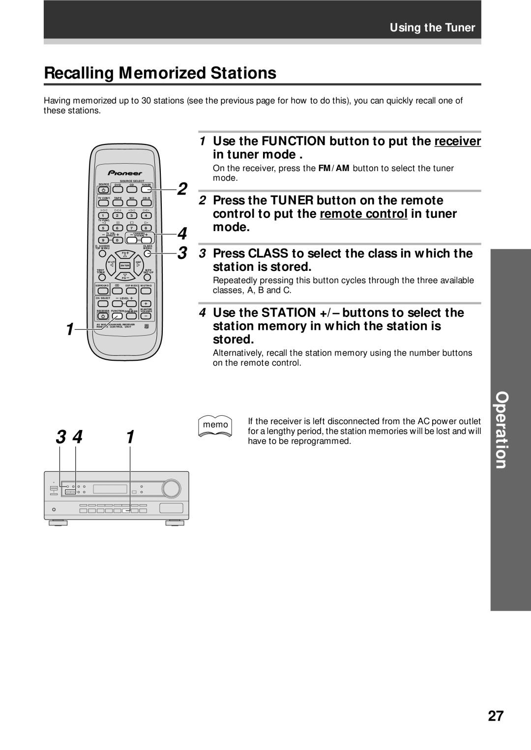 Pioneer VSX-409RDS Recalling Memorized Stations, Press Class to select the class in which Station is stored, Stored 