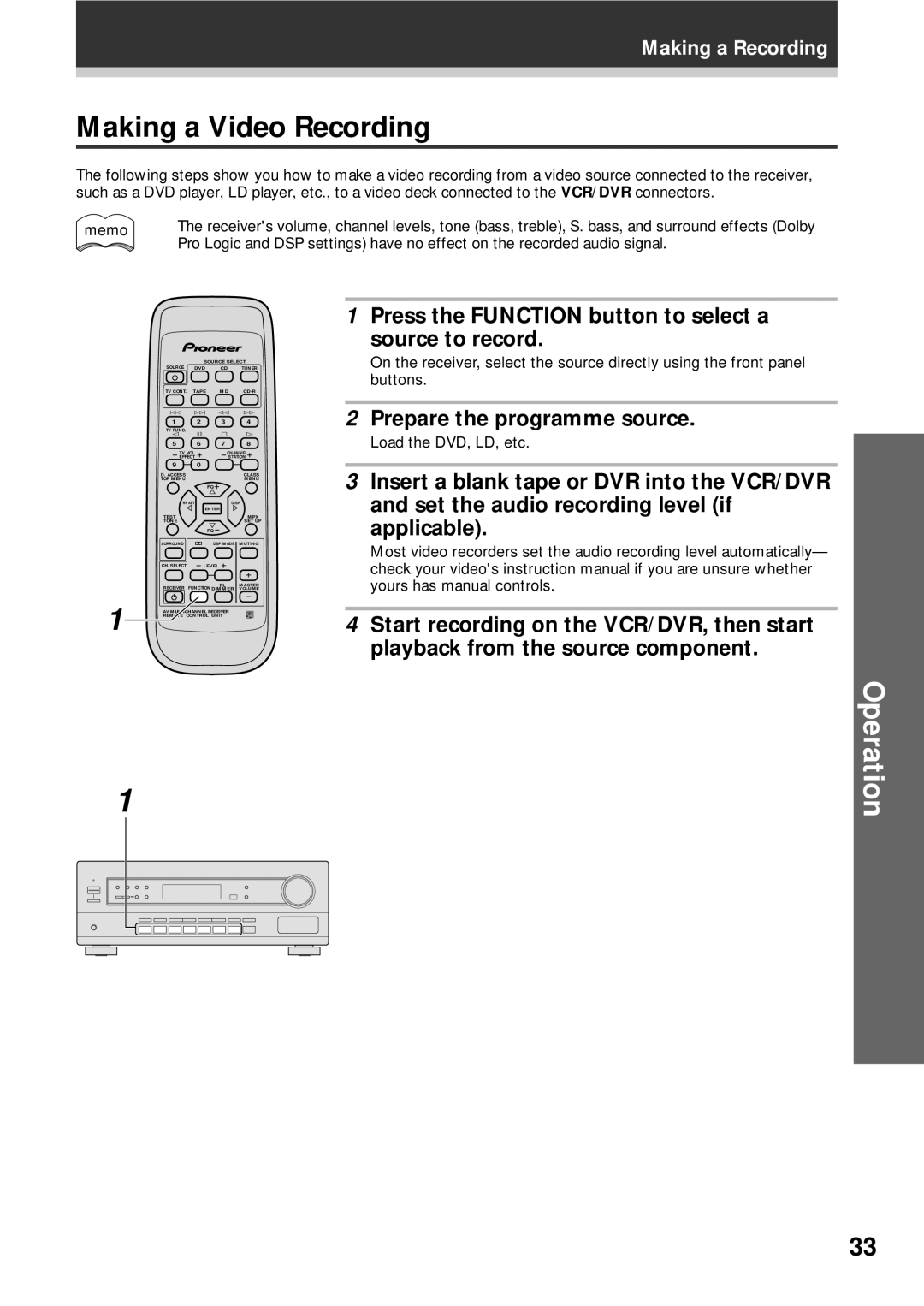 Pioneer VSX-409RDS operating instructions Making a Video Recording, Load the DVD, LD, etc 