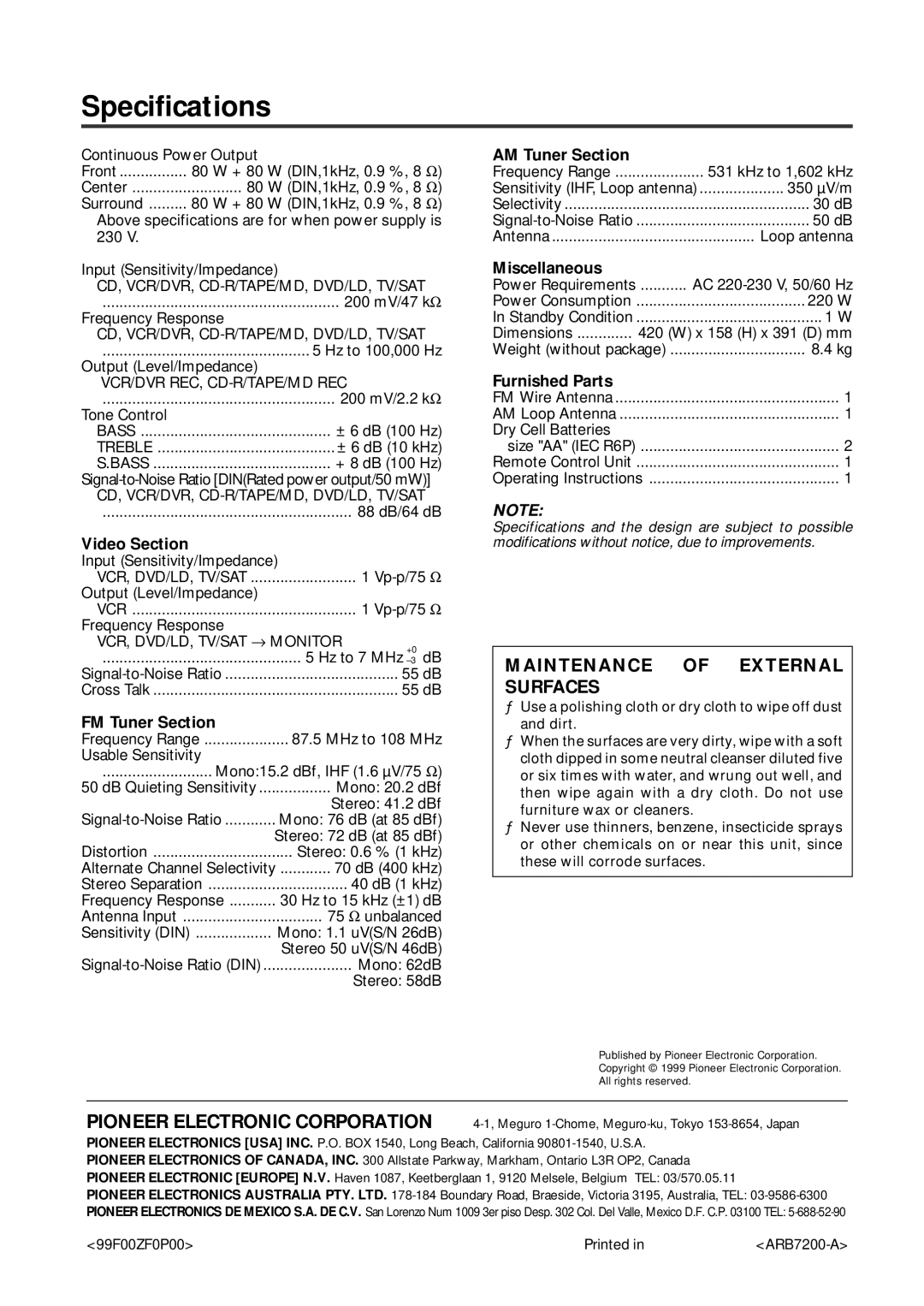 Pioneer VSX-409RDS operating instructions Specifications, Vcr/Dvr Rec, Cd-R/Tape/Md Rec 