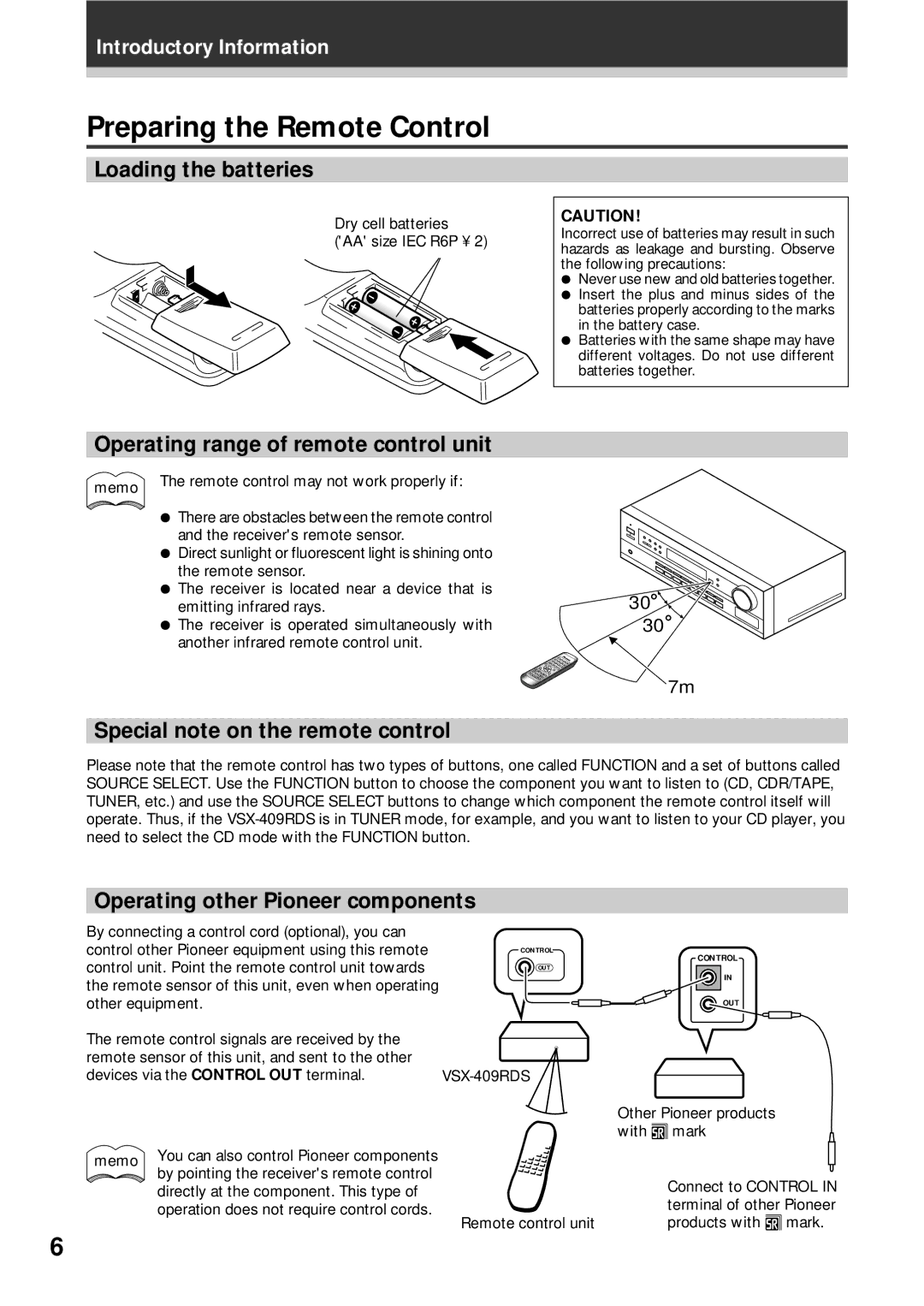 Pioneer VSX-409RDS Preparing the Remote Control, Loading the batteries, Operating range of remote control unit 