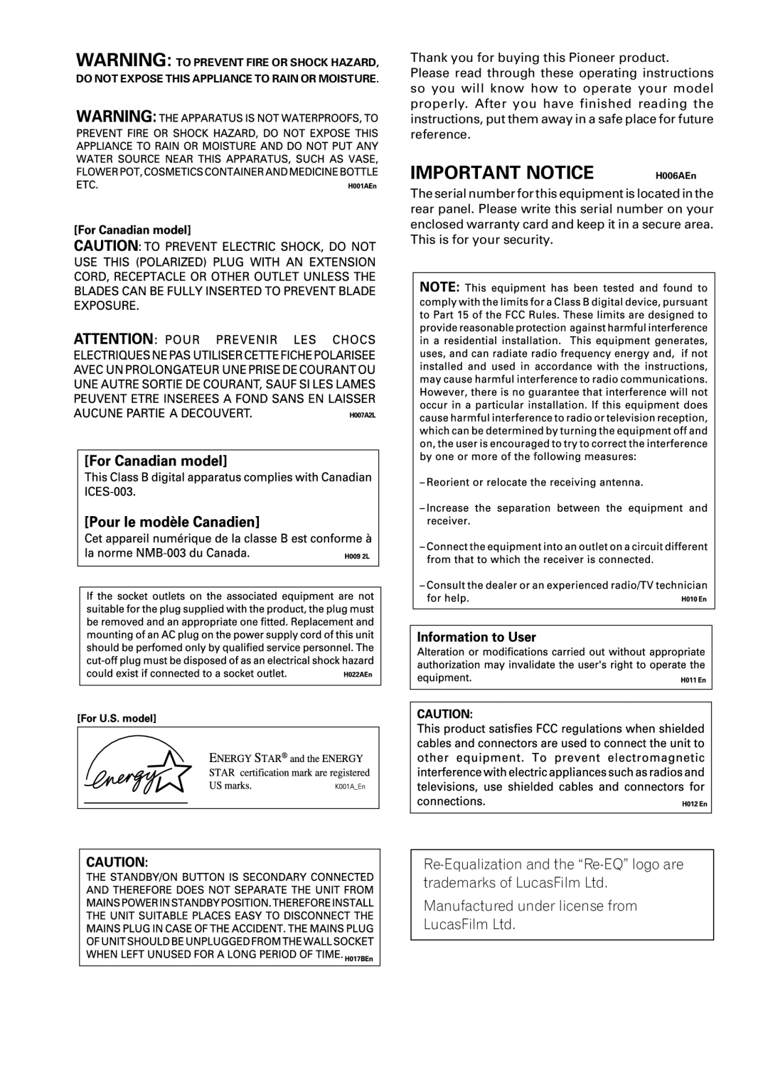 Pioneer VSX-41 manual Important Notice, Manufactured under license from 