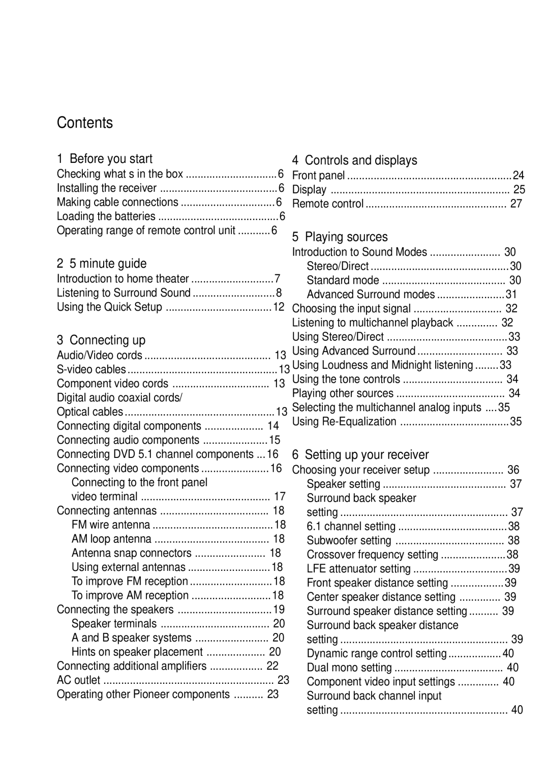 Pioneer VSX-41 manual Contents 