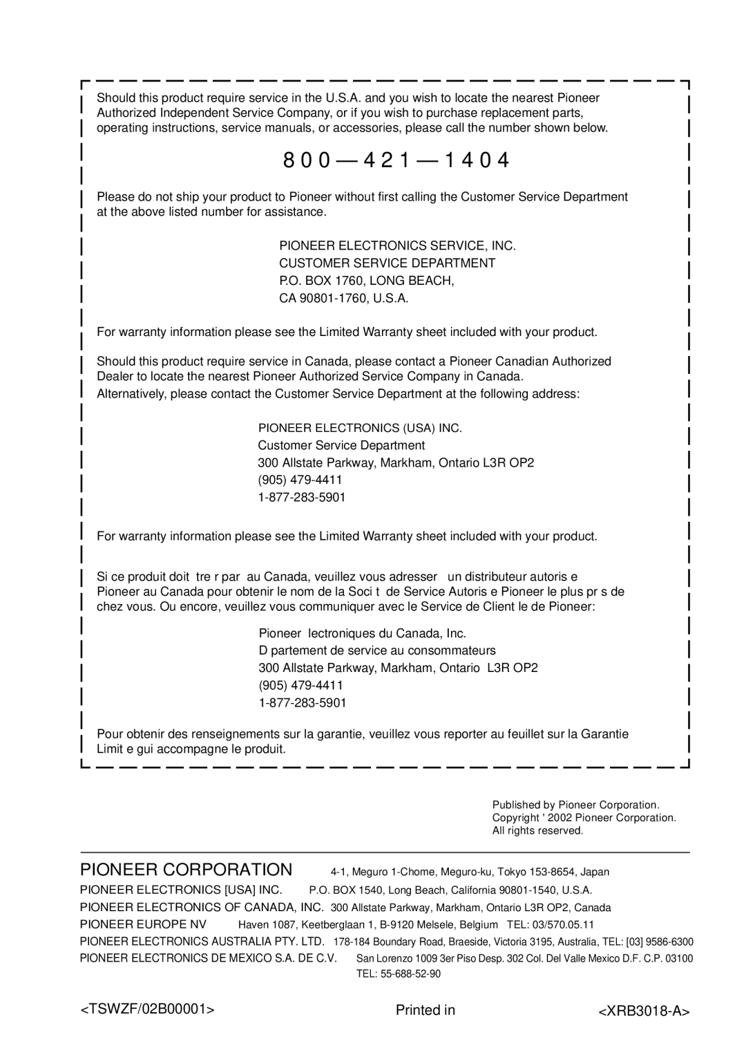 Pioneer VSX-41 manual 0 4 2 1 1 4 0, TSWZF/02B00001 Printed XRB3018-A 