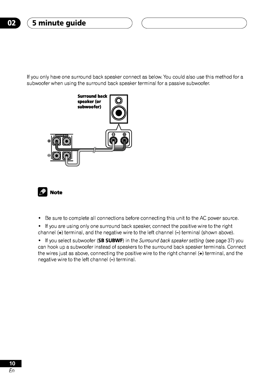 Pioneer VSX-41 manual 02 5 minute guide, Surround back speaker or subwoofer 