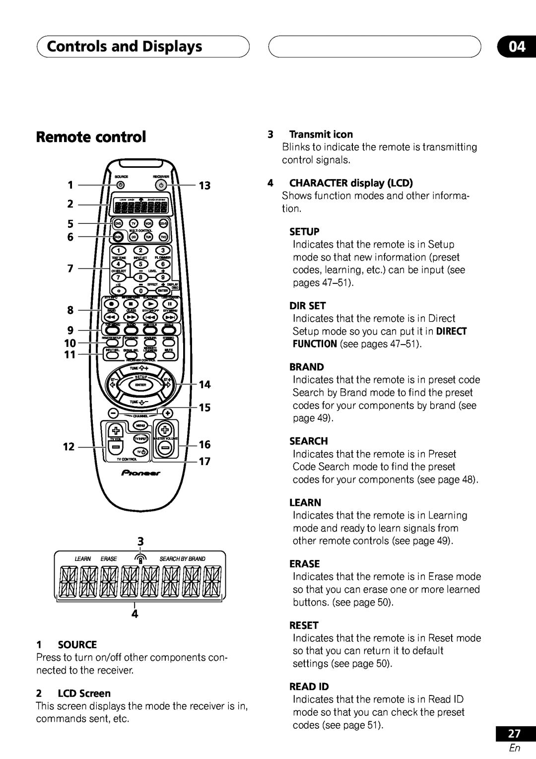 Pioneer VSX-41 manual Controls and Displays Remote control 