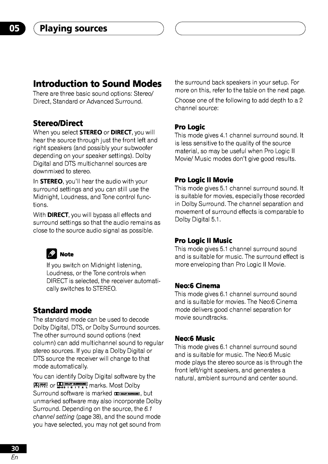 Pioneer VSX-41 manual 05Playing sources Introduction to Sound Modes, Stereo/Direct, Standard mode, Pro Logic II Movie 