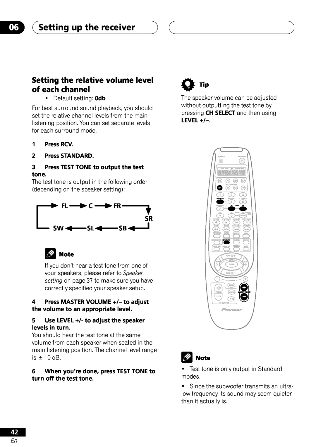 Pioneer VSX-41 manual Setting the relative volume level of each channel, Fl C Fr Sr Sw Slsb, 06Setting up the receiver 