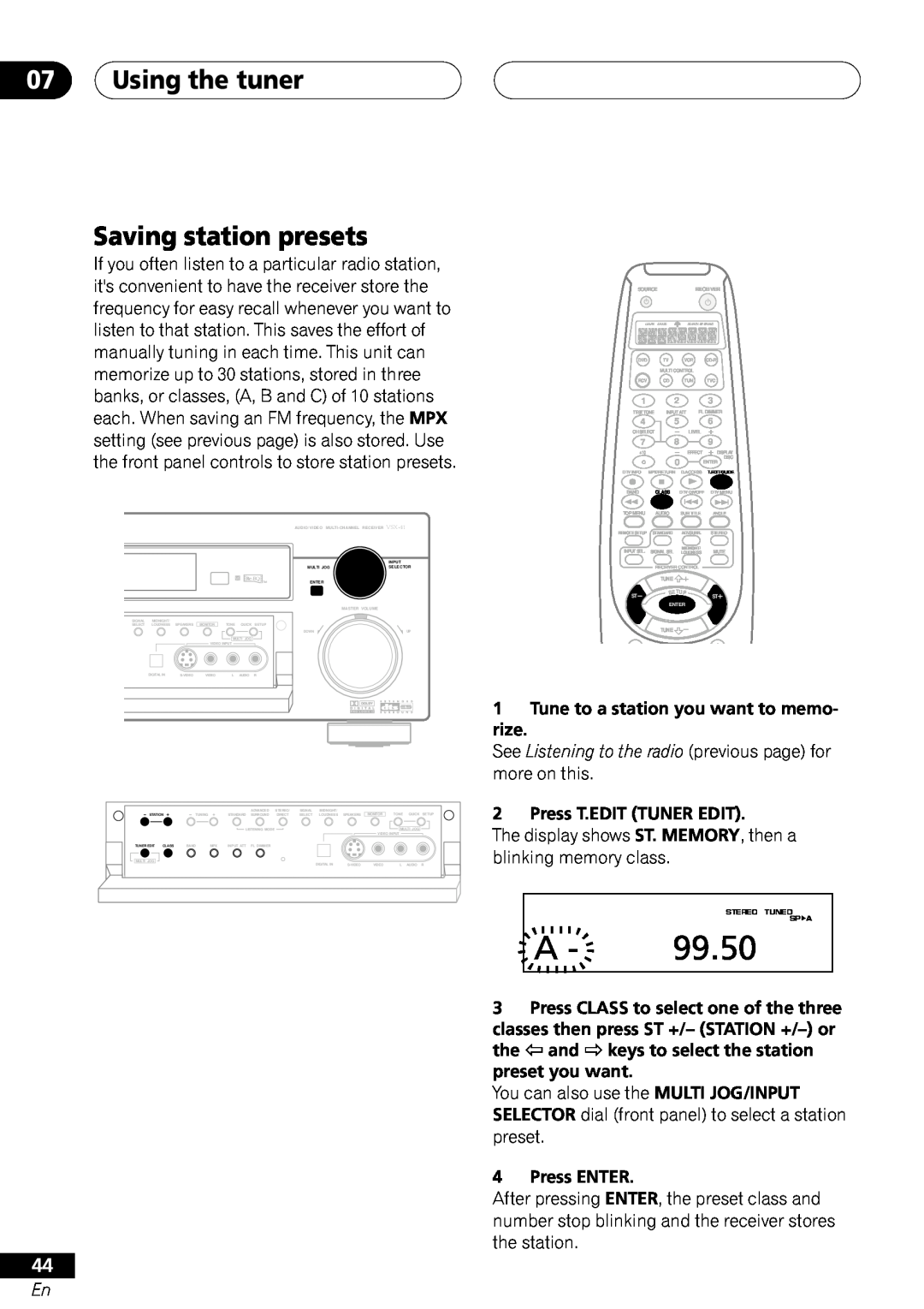 Pioneer VSX-41 manual 07Using the tuner Saving station presets 