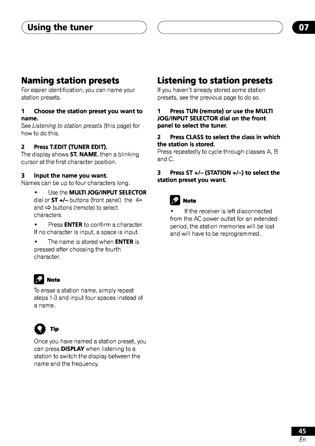 Pioneer VSX-41 manual Using the tuner Naming station presets, Listening to station presets 