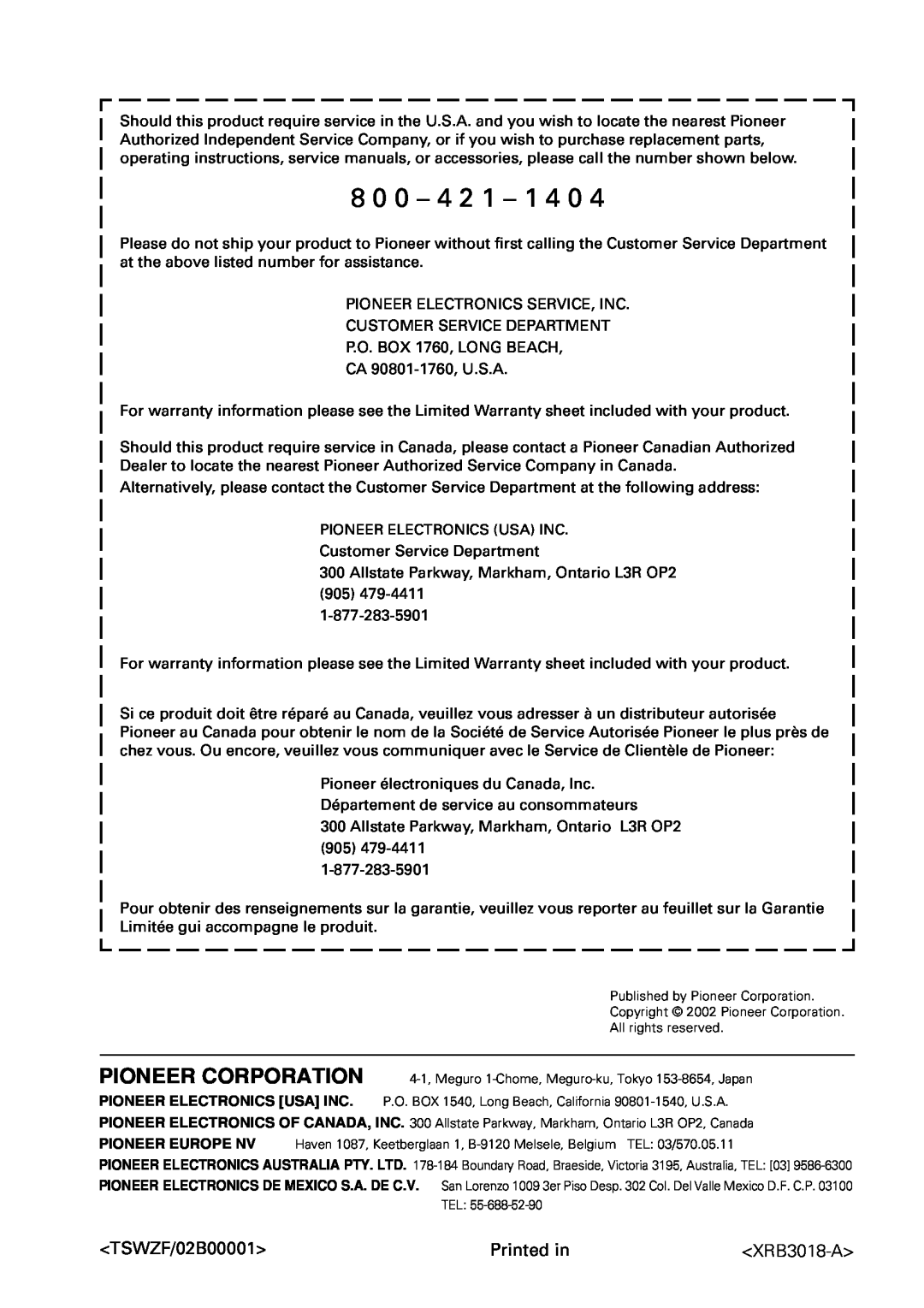 Pioneer VSX-41 manual 8 0 0 - 4, TSWZF/02B00001, XRB3018-A 