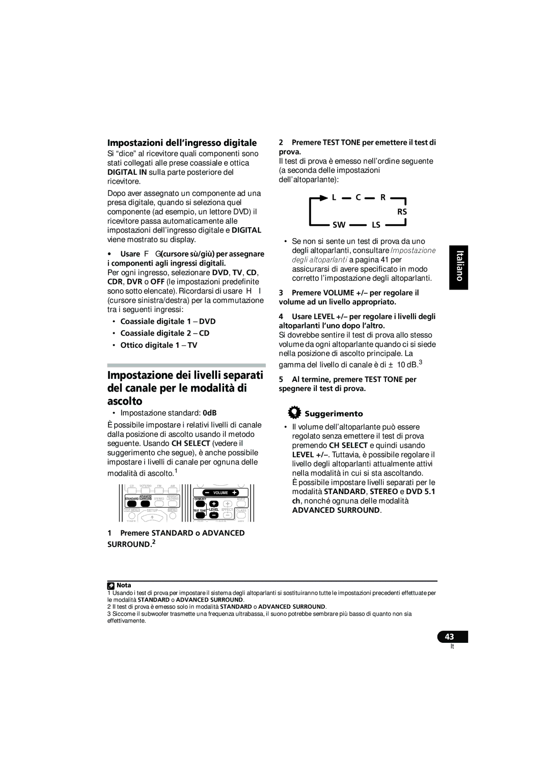 Pioneer VSX-515-S/-K, VSX-415-S/-K Impostazioni dell’ingresso digitale, Premere Test Tone per emettere il test di prova 